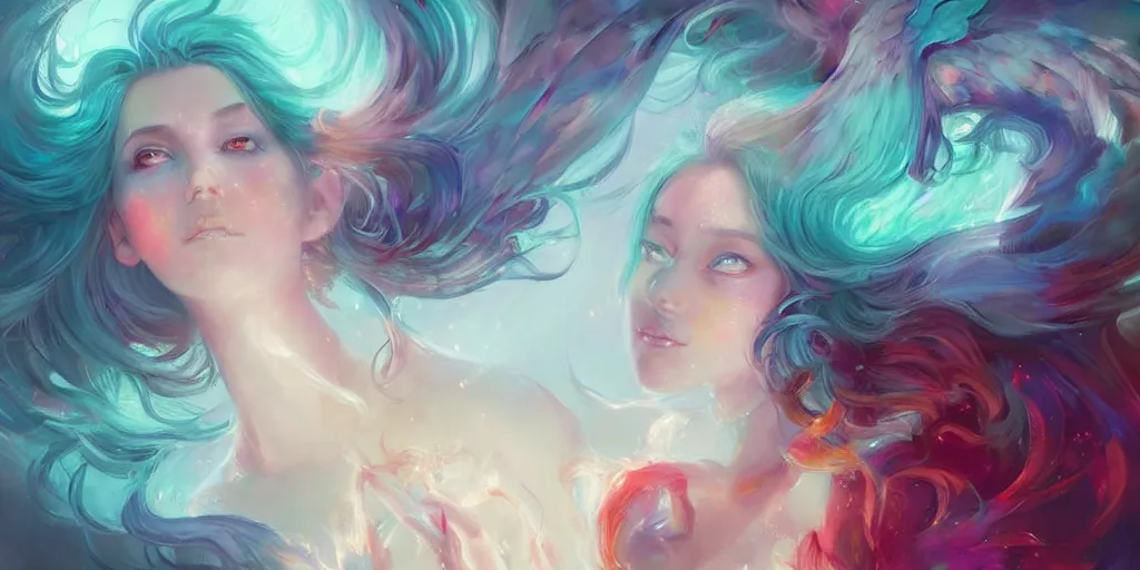 Image similar to a colorful and provenance portrait painting of a fantasy female with floral wings, detailed, highly detailed, hair made of hair made of air wind and curling smoke, mist, dust, genie, spirit fantasy concept art ， art by charlie bowater and by aenami, trending on artstation.