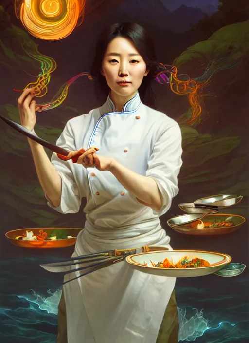 Prompt: stunning portrait of a south korean female chef holding magical kitchen knives, beautiful rivers of energy flowing in background, by peter mohrbacher and alphonse mucha and loish, 4 k, high resolution, intricate, hyperdetailed, photorealistic, artstation, smooth, sharp focus