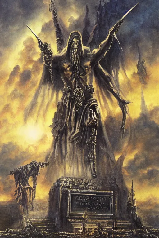 Image similar to Artwork by Don Maitz of the cinematic view of the Cenotaph of Ever-changing Blasphemy.