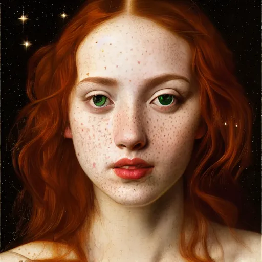 Image similar to portrait of a young woman, among the lights of golden fireflies and nature, long loose red hair, intricate details, green eyes, hint of freckles, round gentle face, happy, deep focus, smooth, sharp, golden ratio, hyper realistic digital art by artemisia lomi gentileschi and caravaggio and artgerm