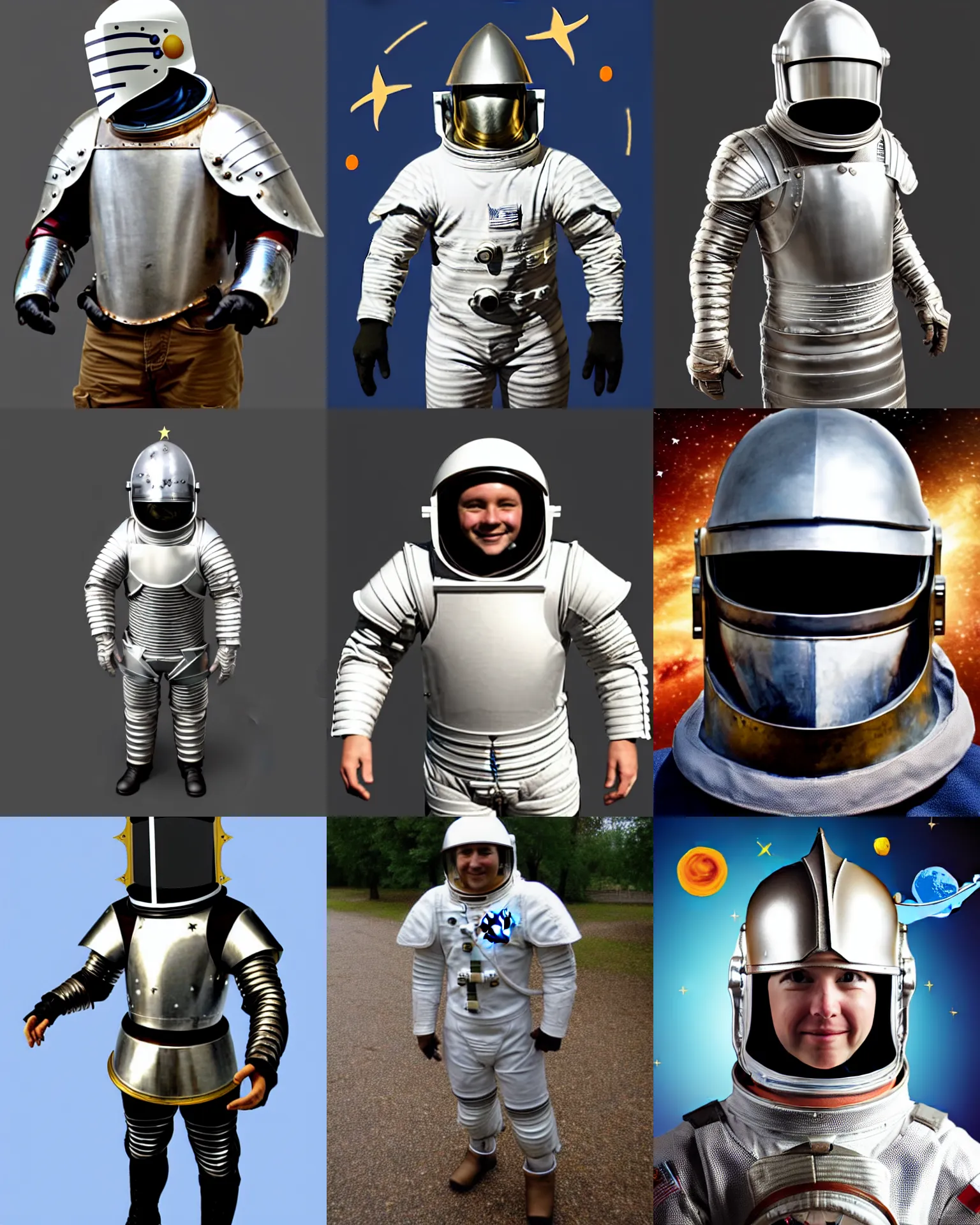 Prompt: modern astronut, wearing medieval knight helmet
