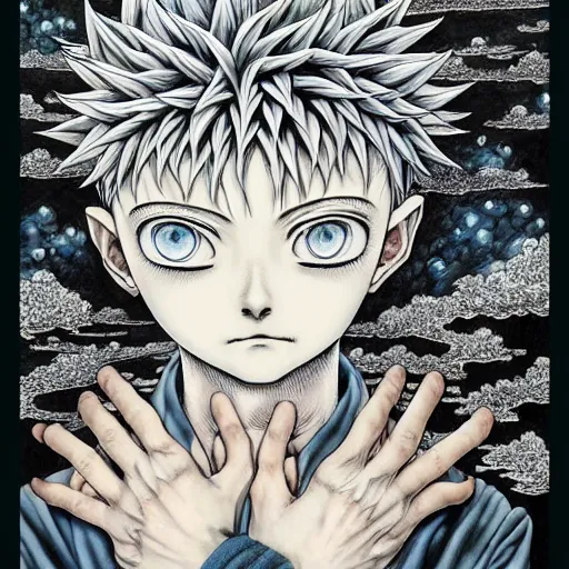 Prompt: beautiful killua zoldyck painted in jacek yerka aykut aydogdu and leslie zhang style drawn by vania zouravliov and takato yamamoto, intricate acrylic gouache painting, high detail, sharp high detail, artstation, manga and anime, crying, revenge