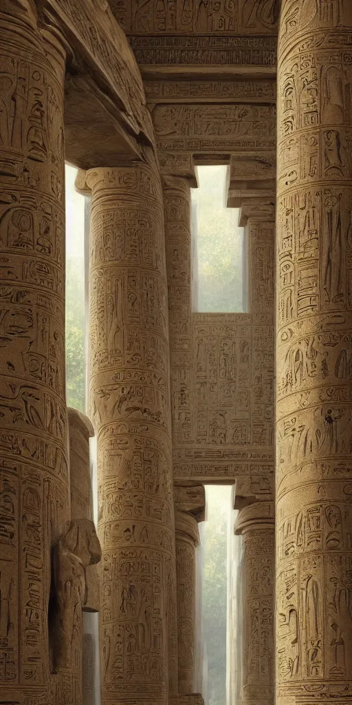 Prompt: stream running between massive ornately carved ancient egyptian temple doorway, cartouche, lush palms, magical atmosphere, by renato muccillo and andreas rocha, trending on artstation