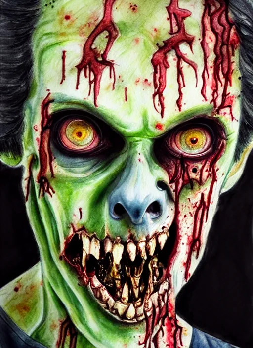 Image similar to zombie hollywood professional acting headshot, hyperrealism, intricate detailed, studio lighting, charming expression gesicht, watercolor art, drawn and painted, colored layers, dulled contrast, exquisite fine art