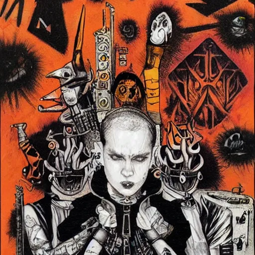 Prompt: punk album cover, black, white, orange, psychedelic, new age, magic, enki bilal