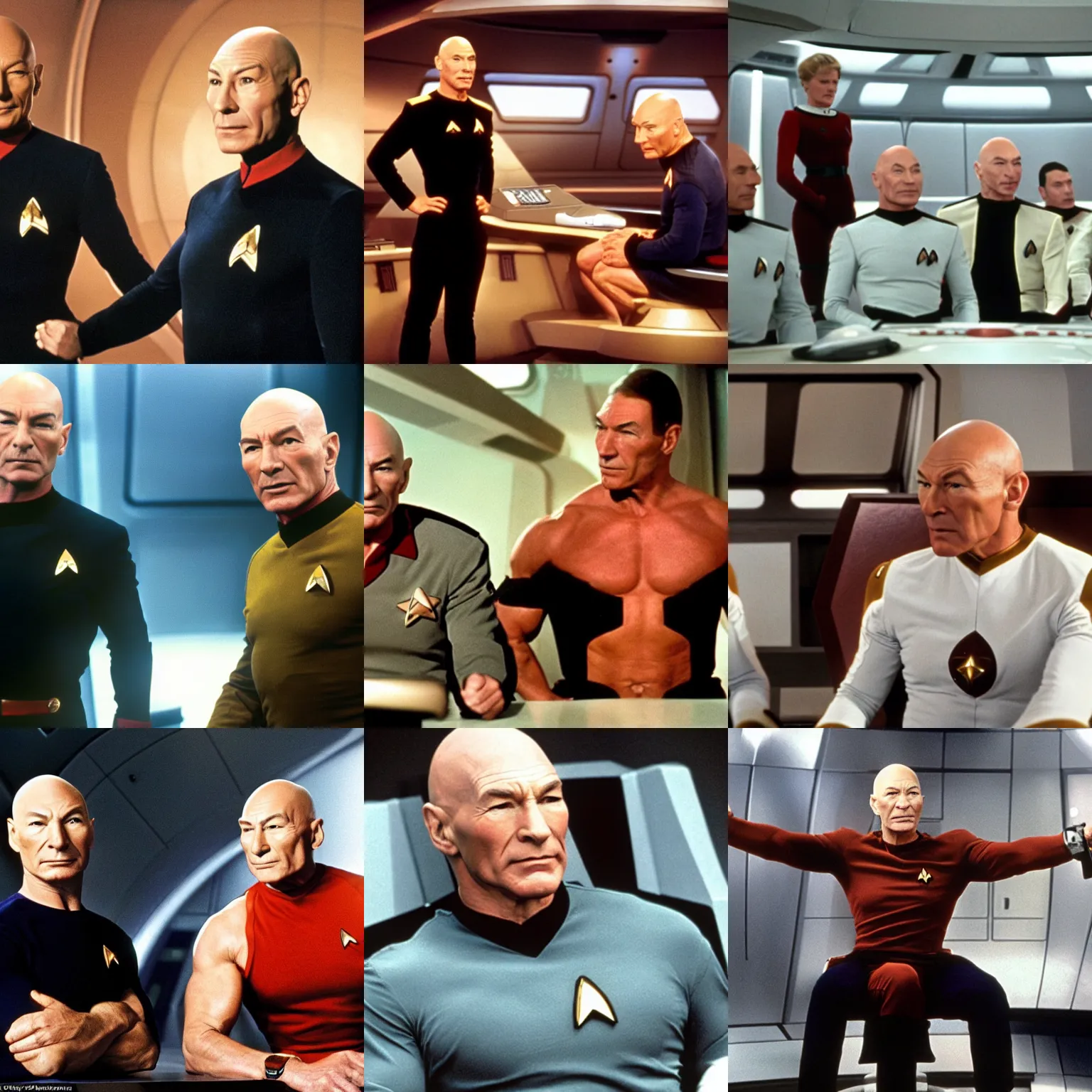 Prompt: strong muscled patrick stewart as jean - luc picard sitting on the captains chair screaming orders, start trek enterprise