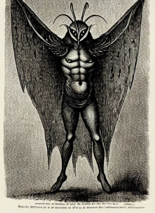 Image similar to illustration of mothman as a demon from the dictionarre infernal, etching by louis le breton, 1 8 6 9, 1 2 0 0 dpi scan, ultrasharp detail, clean scan