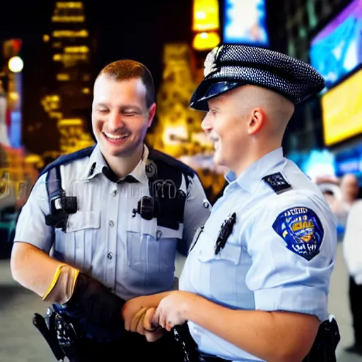 Image similar to a police officer handcuffing another police officer, both smiling, time square, stock photography, award - winning,