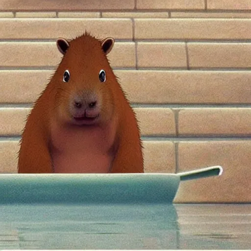 Prompt: a capybara sitting in a steaming bathtub in the animated movie spirited away by hayao miyazaki!!!!, studio ghibli, animated movie, anime, beautiful