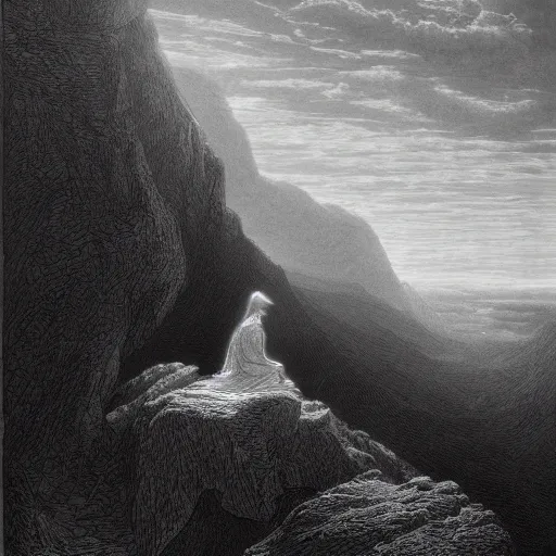 Prompt: A lonely woman, distant city, forest, cliff, gorgeous view, dramatic light, high contrast, illustration by Gustave Doré