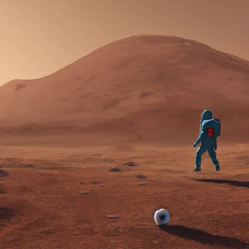 Image similar to digital art, trending on artstation, a soviet astronaut playing soccer on mars, mars landscape, cinematic, relaxing