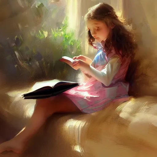 Prompt: young girl reading a book, highly detailed, digital painting, artstation, concept art, art by Daniel F. Gerhartz