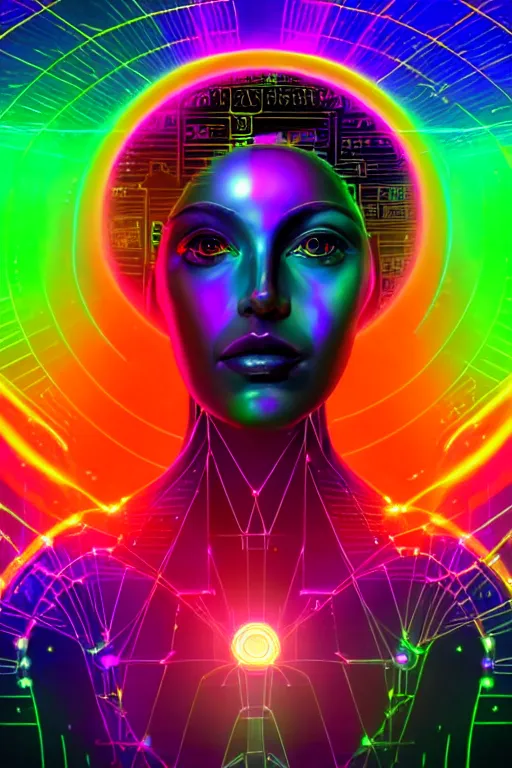Prompt: portrait of the goddess of artificial intelligence as a hologram, in front of a rainbow of data, threads of light in the background, extremely high quality artwork, very detailed, anthropomorphic silhouette, trending on artstation