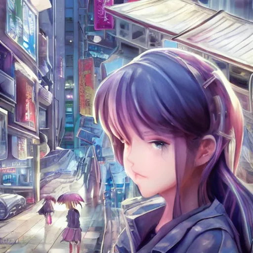 Image similar to dynamic composition, motion, ultra-detailed, incredibly detailed, a lot of details, amazing fine details and brush strokes, colorful and grayish palette, smooth, HD semirealistic anime CG concept art digital painting, watercolor oil painting of Clean and detailed post-cyberpunk sci-fi close-up schoolgirl in asian city in style of cytus and deemo, blue flame, relaxing, calm and mysterious vibes,, by a Chinese artist at ArtStation, by Huang Guangjian, Fenghua Zhong, Ruan Jia, Xin Jin and Wei Chang. Realistic artwork of a Chinese videogame, gradients, gentle an harmonic grayish colors. set in half-life 2, Matrix, GITS, Blade Runner, Neotokyo Source, Syndicate(2012), dynamic composition, beautiful with eerie vibes, very inspirational, very stylish, with gradients, surrealistic, dystopia, postapocalyptic vibes, depth of field, mist, rich cinematic atmosphere, perfect digital art, mystical journey in strange world