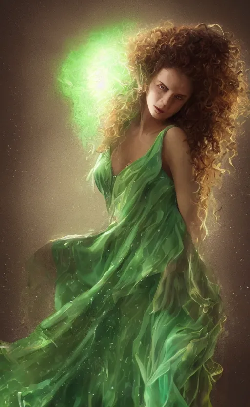 Image similar to a young woman with wild, curly hair and bright green eyes. she's wearing a flowing dress made of light, airy fabric and she has a mischievous look on her face, dynamic lighting, photorealistic fantasy concept art, trending on art station, stunning visuals, creative, cinematic, ultra detailed