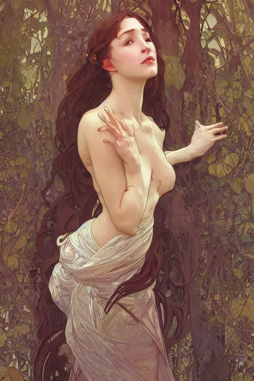 Prompt: beautiful natural coy cottagecore goddess maiden, master life drawing, intricate, elegant, highly detailed, digital painting, artstation, concept art, smooth, sharp focus, illustration, art alphonse mucha and james gurney and marc simonetti and wlop