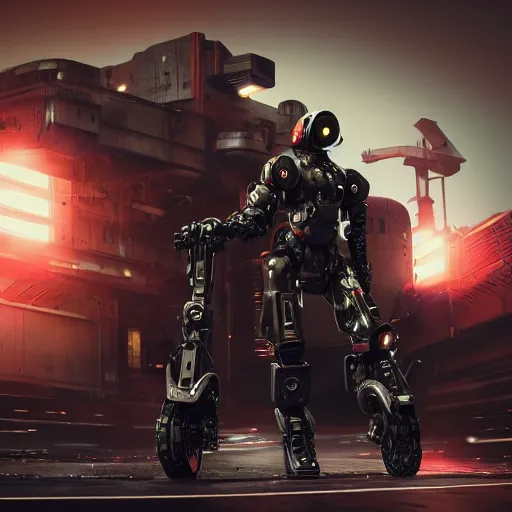 Image similar to panorama industrial military mech cyborg on a sci-fi military style motocycle, wearing bullet-riddled armor, glowing red eyes, wearing brutalist art deco industrial cyberpunk alley, dynamic dramatic dark moody lighting,shadows,cinematic atmosphere,Artstation, hyperrealistic 3D digital art,Octane render,8K 4K UHD image