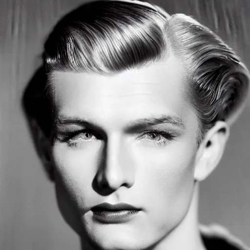 Prompt: a beautiful close - up of a blonde male!! actor from the 1 9 3 0 s. high cheekbones. good bone structure. dressed in 1 9 4 0 s style. butterfly lightning. key light sculpting the cheekbones. clear eyes. by george hurrell.