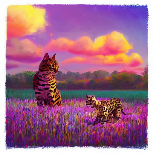 Image similar to a savannah bengal hybrid cat, surreal photography, flower field, beautiful sunset on a summer day light, impressionist painting, colorful clouds, blue sky, digital painting, artstation, simon stalenhag