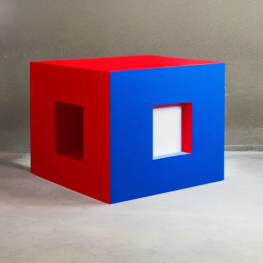 Image similar to red cube high top up, blue cube low under down