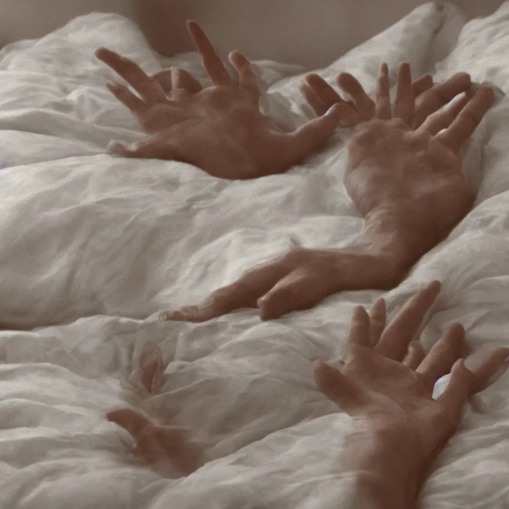 Prompt: close - up on the air - conditioning with water running on the white sheets of a girl's bed, hand of a teenager girl, ablurred, depth of field, unframed, by gerhard richter and nadav kander, 8 k hyper realistic detailed cinematic still