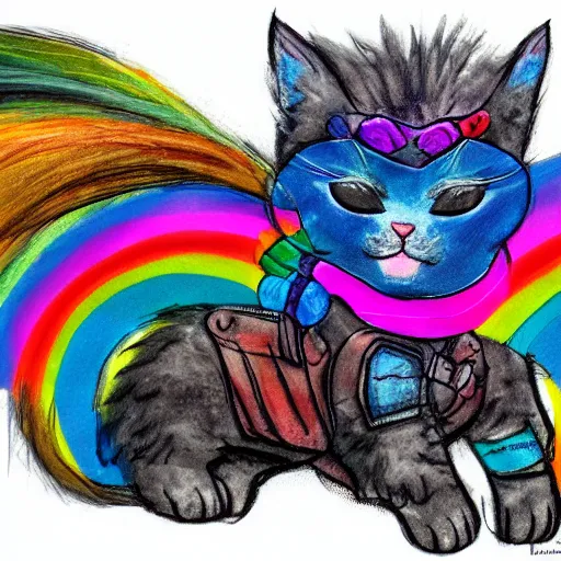 Prompt: wide angle full body, of a fluffy cute rainbow kitten wearing a black leather motorcycle jacket, concept art
