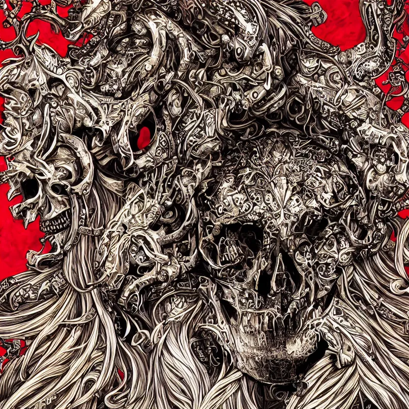 Image similar to photo portrait of skull of wolf, lying on bones, dramatic lighting, circural, golden ornaments, symmetric, intricate skeletal decorations, symmetry, highly detailed, concept art, black, red, white, gold layers, centered, style of nekroxiii, hyperrealistic, dark background, smoke