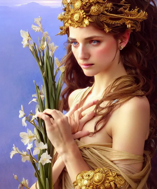 Image similar to young goddess with gladioli, portrait, blue eyes, beautiful face, long hair, head in focus, fantasy, ornamental, intricate, elegant, sensual, highly detailed, digital painting, artstation, concept art, smooth, golden ratio, sharp focus, illustration, art by artgerm and Greg Rutkowski and Alphonse Mucha and Karol Bak