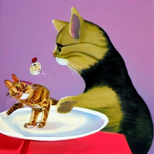 Image similar to cute painting of a cat trying to steal a fish from a plate on a dinner table