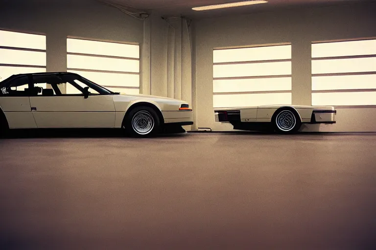 Image similar to single Formula 1, 1984 BMW M1 Lincoln Continental, inside of a minimalist Tokyo garage, ektachrome photograph, volumetric lighting, f8 aperture, cinematic Eastman 5384 film