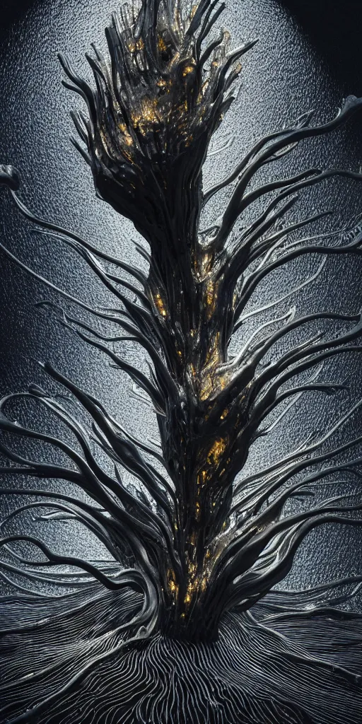 Image similar to a photorealistic render of a topographic sculpture made of melted metal and bioluminescent beings on a black background, c 4 d, by zhelong xu ouchh studio and ernst haeckel, wide angle, hyper realistic, plain black background, 8 k, volumetric lightning, octane render