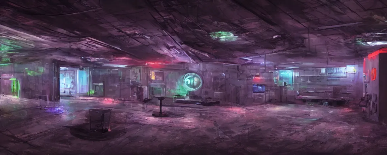 Image similar to inside of a military spionage bunker, neon lights, much details, very realistic, concept art, 8k