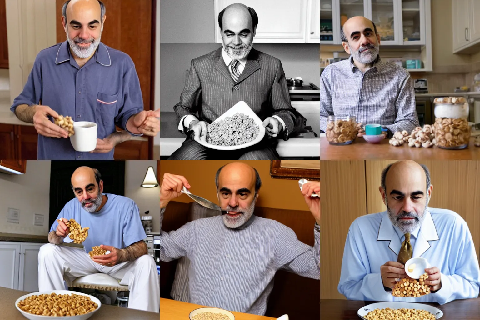Prompt: Ben Bernanke eating cereal in his pajamas