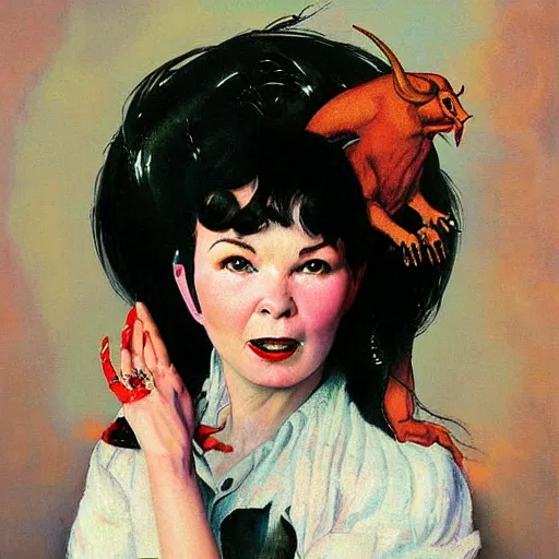 Prompt: a portrait painting of bjork and satan. Painted by Norman Rockwell