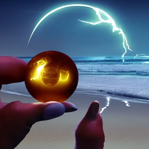 Prompt: a hand holding a crystal ball, in the crystal ball there are two frog warriors sitting on the beach, cinematic lightning, 8 k, octane render, matte painting, trending artstation