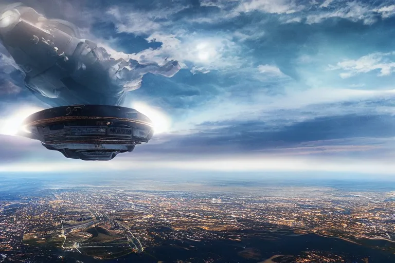 Prompt: a huge spaceship emerging from the clouds over Table Mountain in South Africa, cinematic, dramatic lighting, 4k, ultra detailed, trending on artstation