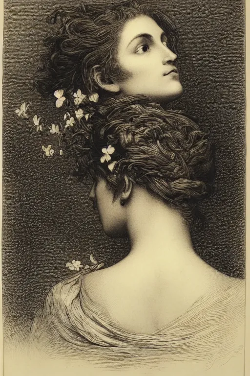 Image similar to extreme close-up, portrait of a beautiful french woman from behind with a single flower in head, Gustave Dore lithography