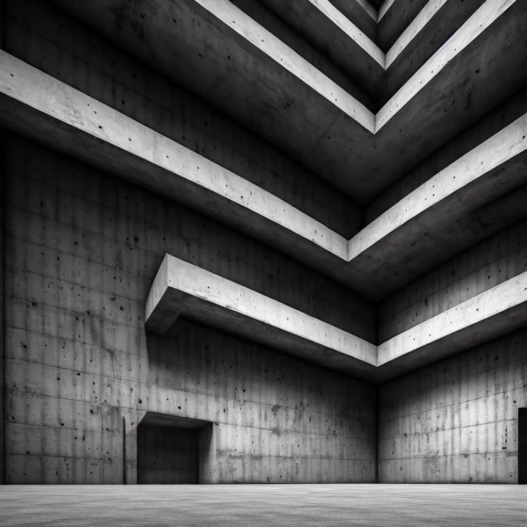 Image similar to Concrete huge dark-gray multi-layered underground structure with multiple floors and a cleft in the center. Inside view, straight lines, corners, high detailed, details, ultra realistic, photorealism, 8k, doorways, symmetrical, brutalism, ray of light, architecture, volumetric lighting, cinematic, shadows