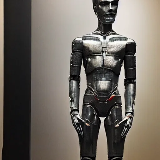 Image similar to “a realistic detailed photo of a guy who is an attractive humanoid who is half robot and half humanoid, who is a male android, actor Grant Gustin, shiny skin, posing like a statue, blank stare, at the museum, on display”