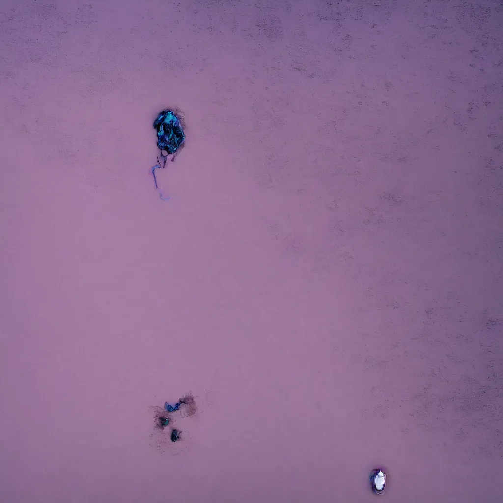 Image similar to drone view of iridiscent oil spill in desert dunes of sand tempest with women corpses connected by cables and computers to wax forms to a buried baby relaxing on yoga mat, faded, purple gradient, dust, purple fog, depth of field, by werner herzog, hans bellmer and nadav kander, 8 k, sad atmosphere, cinematic