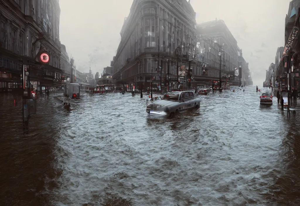 Image similar to kodak portra 4 0 0 photographic and realistic, oxford circus, detailed, octane render, unreal engine, 4 k, artstation, hyper realistic, wide angle, floor flooded, how a river, objects that float, 3 5 mm, sharp focus, soft light, volumetric light fog, in the style of gregory crewdson