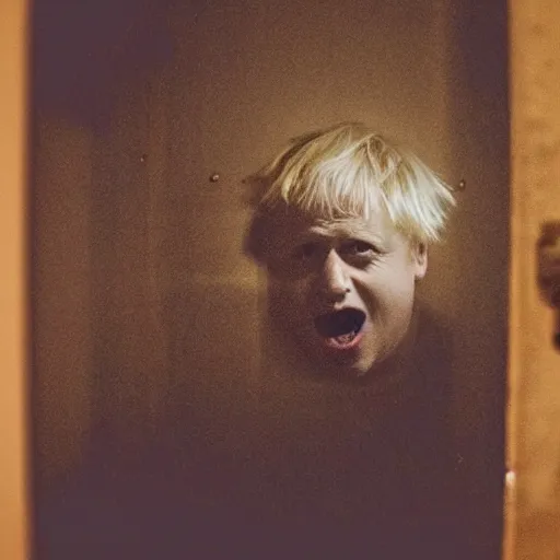 Image similar to photo of the inside of a dark old rainy bedroom window at night, dimly lit creepy | screaming face of boris johnson staring in through the window, bloody hands, horror, scary face, demonic face,