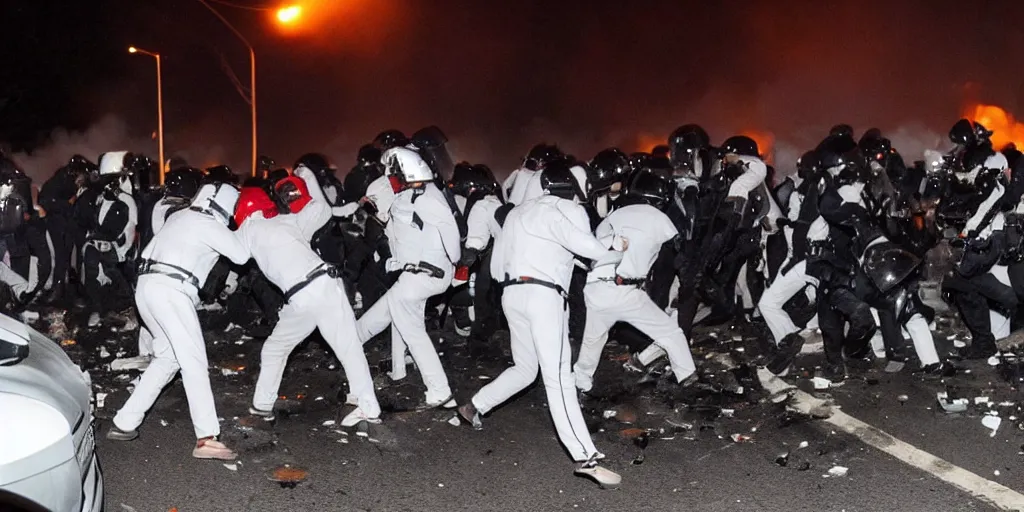 Prompt: photo of young men wearing white tracksuits fighting cops in a riot with burning cars at night, close shot, editorial photography