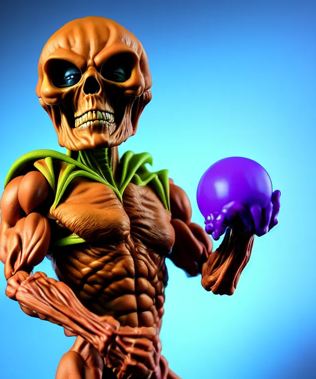 Image similar to hyperrealistic rendering, skeletor, by art of skinner and richard corben and jeff easley, product photography, action figure, sofubi, studio lighting, colored gels