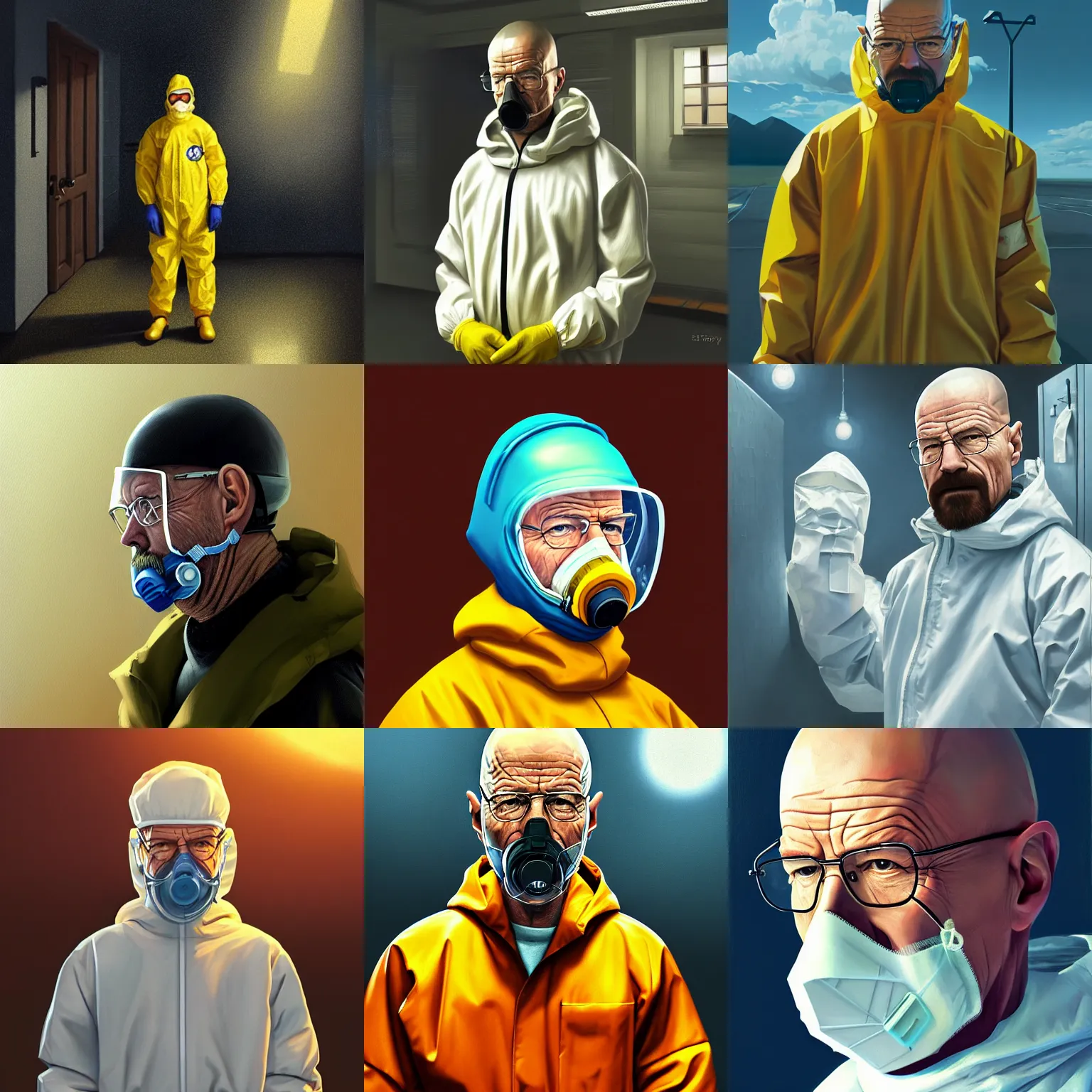 Prompt: Walter white in a hazmat suit, respiratory mask, portrait, highly detailed, digital painting, artstation, concept art, sharp focus, illustration, by Evgeny Lushpin