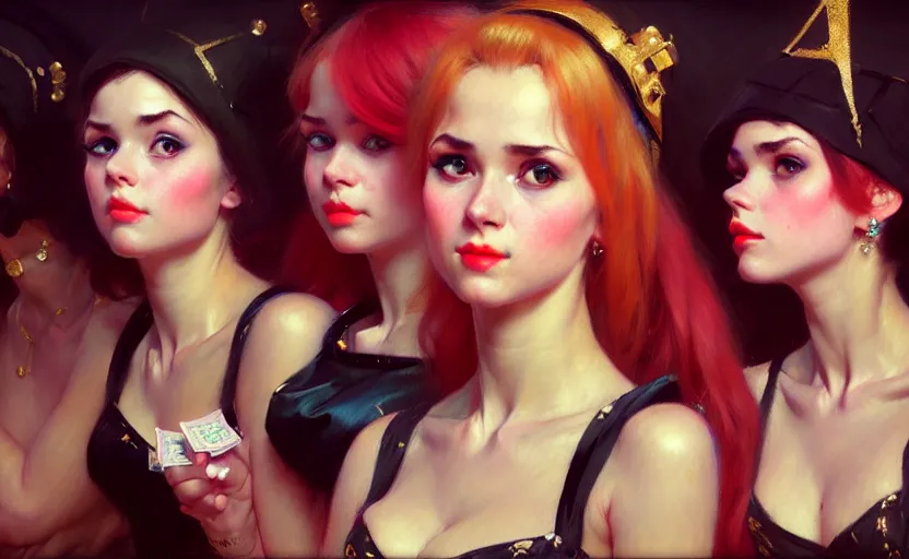 Image similar to portrait of several girls at a casino, highkey, realistic, serov, surikov, vasnetsov, repin, kramskoi, ultra realistic, depth of field insanely detailed, charlie bowater, tom bagshaw, norman rockwell, octane rendered, unreal engine, trending on artstation, 8 k