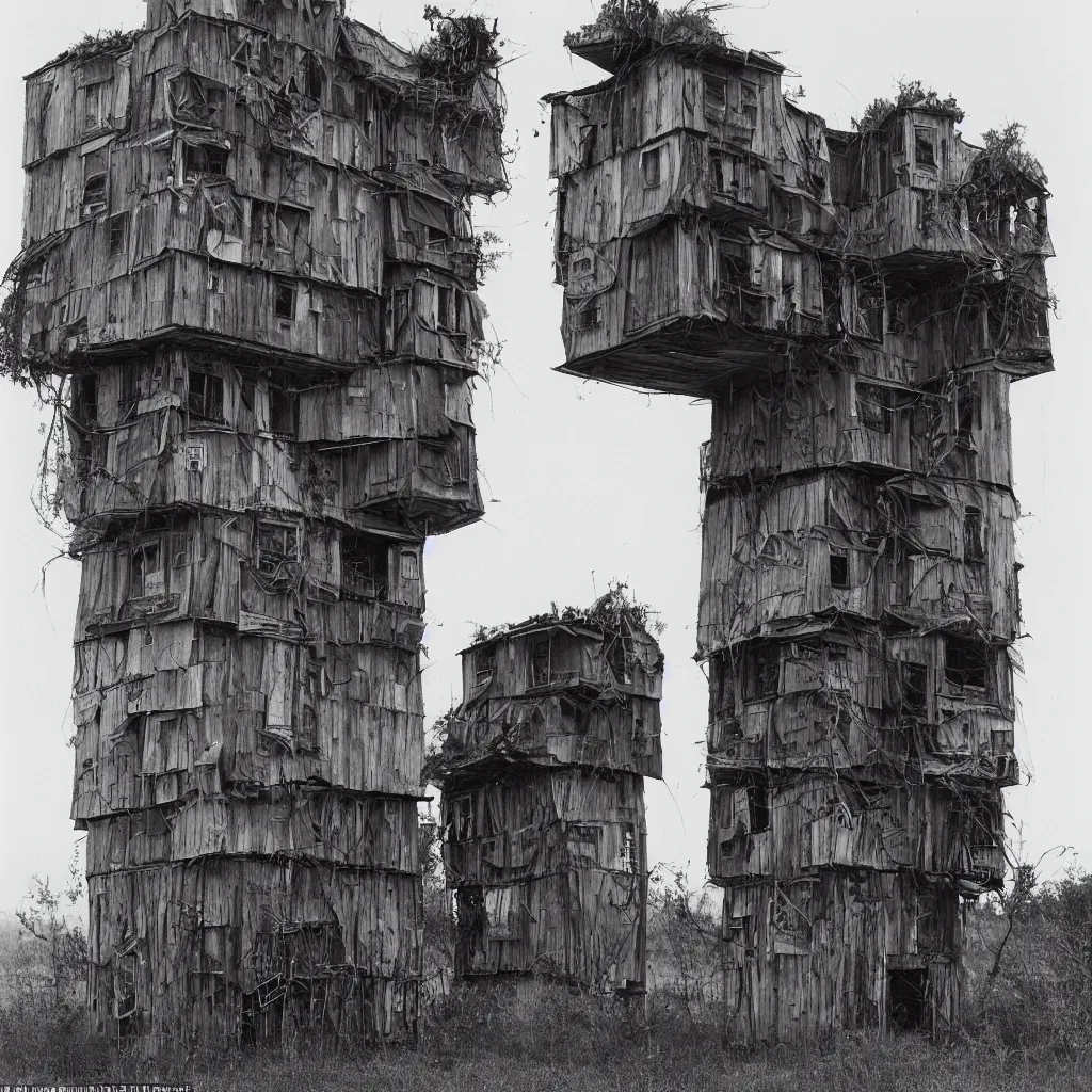 Prompt: two organic - looking towers, made up of makeshift squatter shacks, misty, dystopia, mamiya rb 6 7, fully frontal view, very detailed, photographed by ansel adams