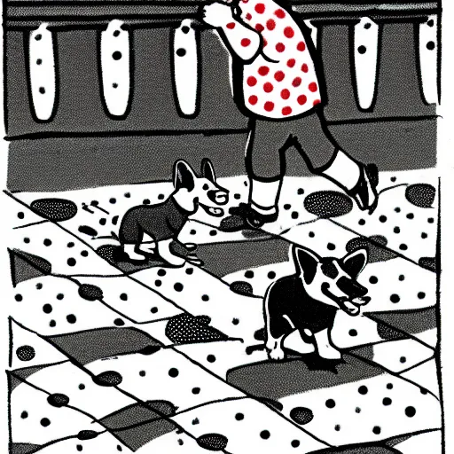 Image similar to illustration of french boy on the streets of paris playing football against a corgi, the dog is wearing a polka dot scarf, comic, 1 9 6 2