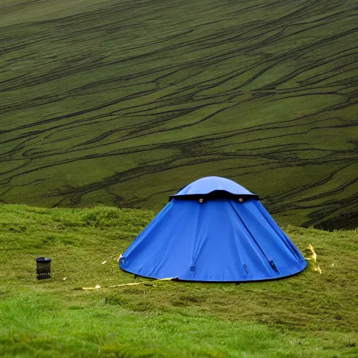 Prompt: data from star trek pitching a tent in wales