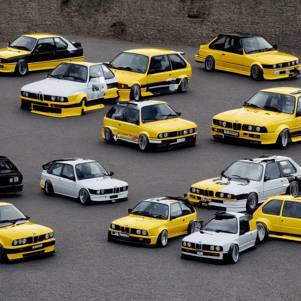 Prompt: bmw e30, golf gti mk2, ruf ctr yellowbird